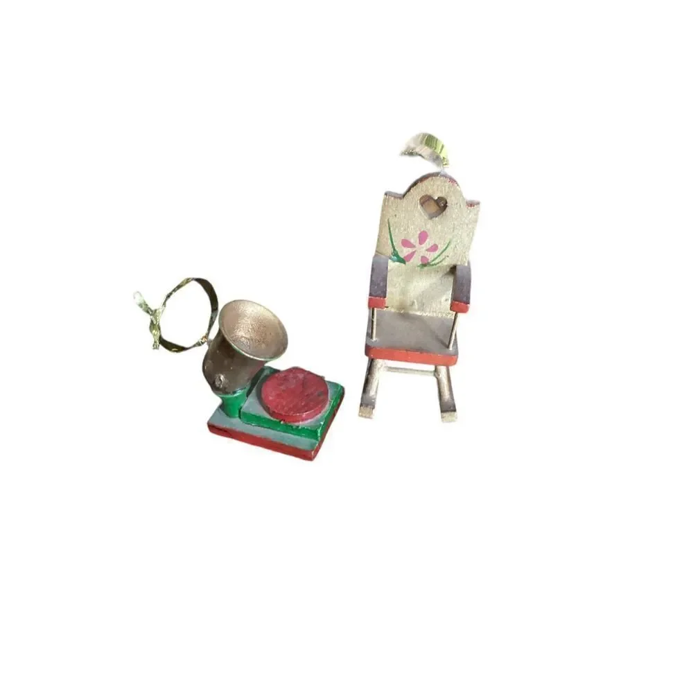 Vintage Wooden Christmas Tree Ornaments Rocking Chair & Phonograph